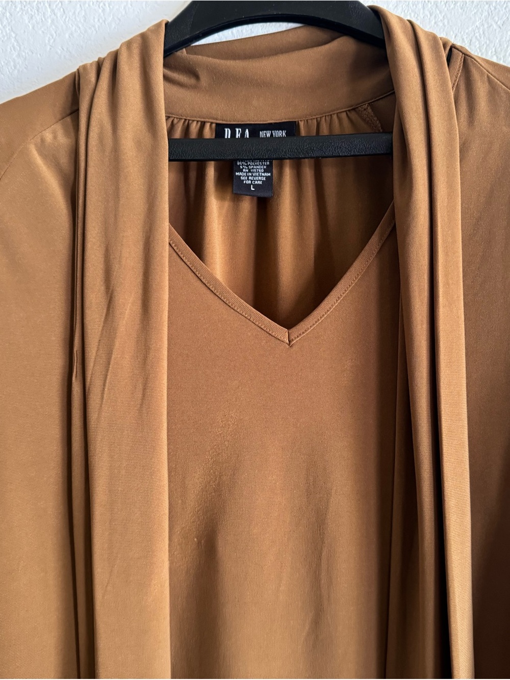 D.F.A. New York Built-In Scarf Tie-Neck V-Neck Blouse Top Brown Large